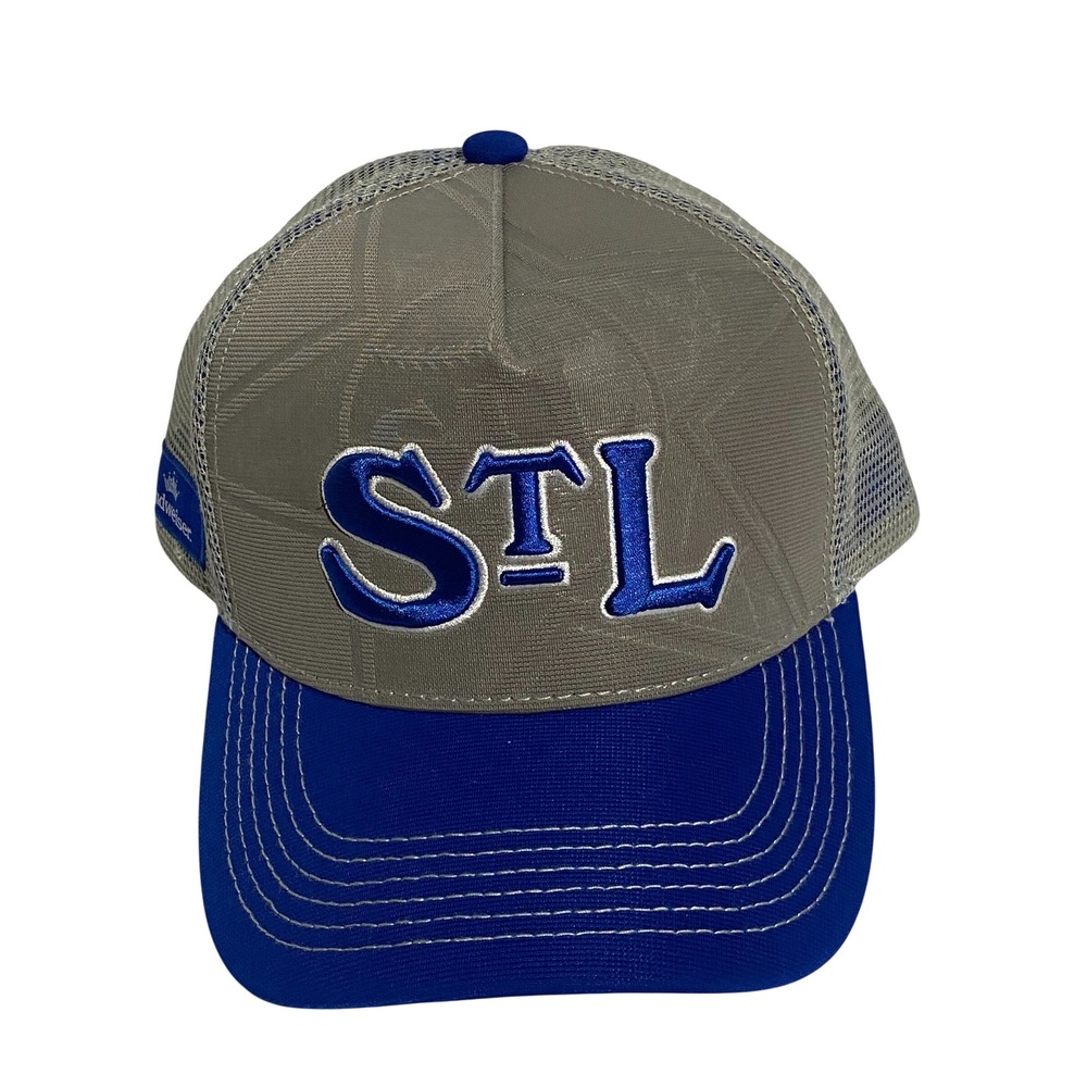 St Louis Cardinals Budweiser Trucker Hat STL Mesh Snapback Cap Grey Blue Mens